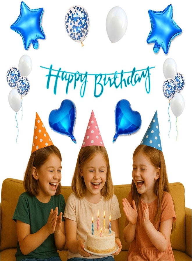 Flyloons 14th Happy Birthday Decoration Kit Blue White for Fourteen Year Old Boys Girls Kids Princess Men Women With 10 Pcs Confetti Balloons Birthday Banner 4 Pcs Star Heart Items Set - Image 5